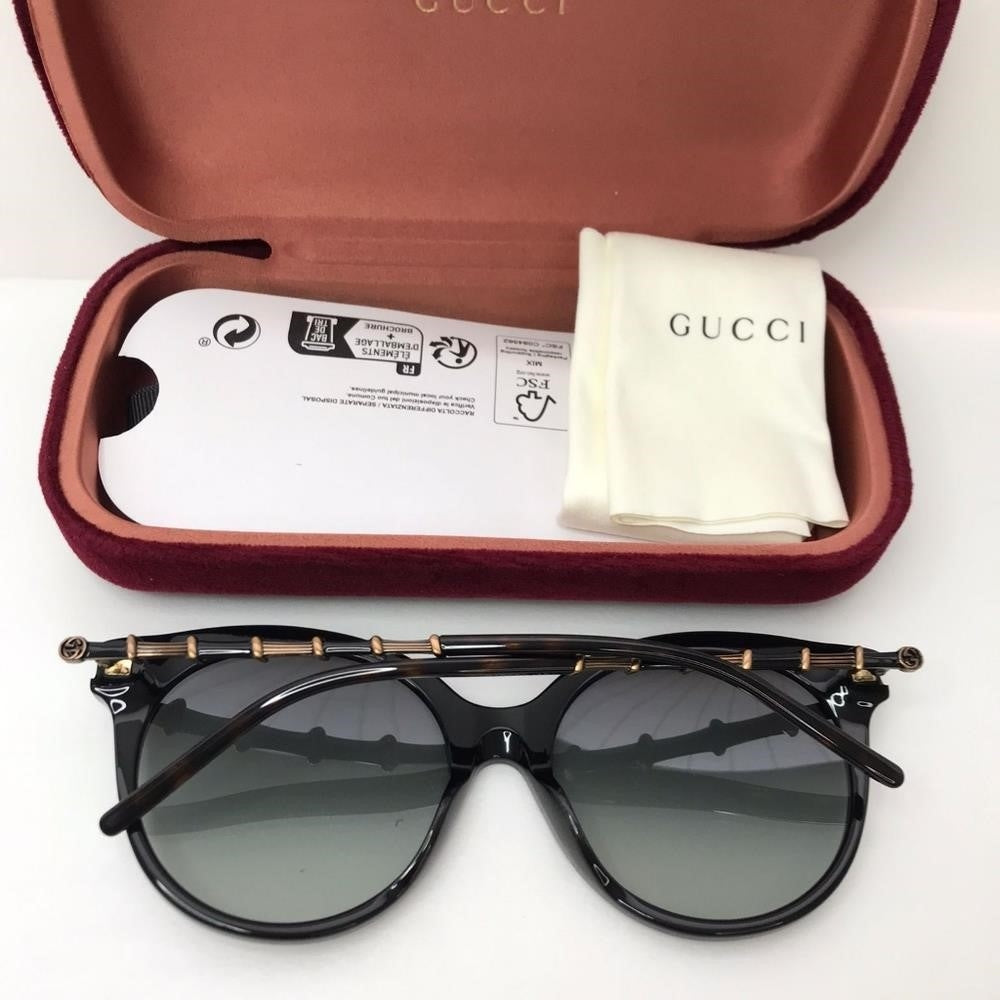 New  - 💯 Original  GG0653SZ 001 Gucci Round Acetate Bamboo Effect Arms Sunglass