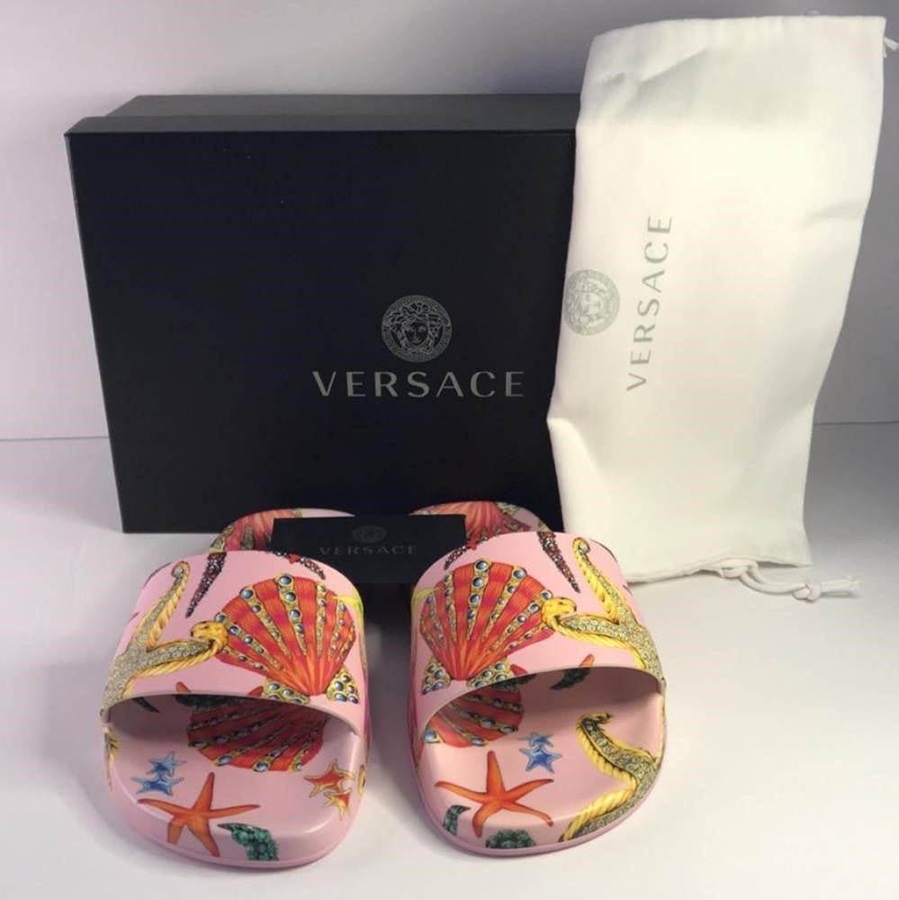 New 100% Versace Women's  ST Tresor De La Mer  Print Pool Slide Flip Flops Shoes