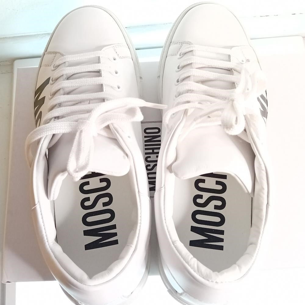 New Moschino Low-Top Logo Sneakers large contrast logo is printed