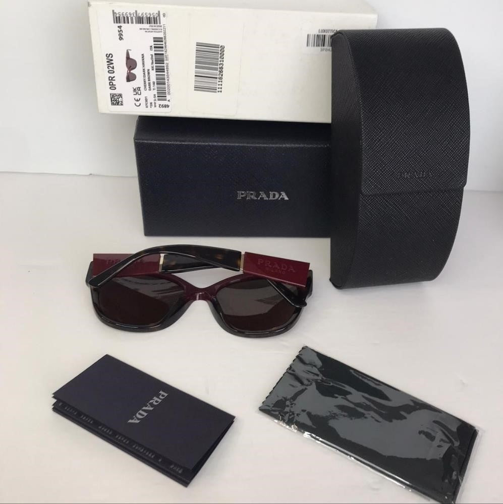 💯 - Authentic New Prada PR 02WS Women's Pillow Sunglasses, Cherry/Dark Havana