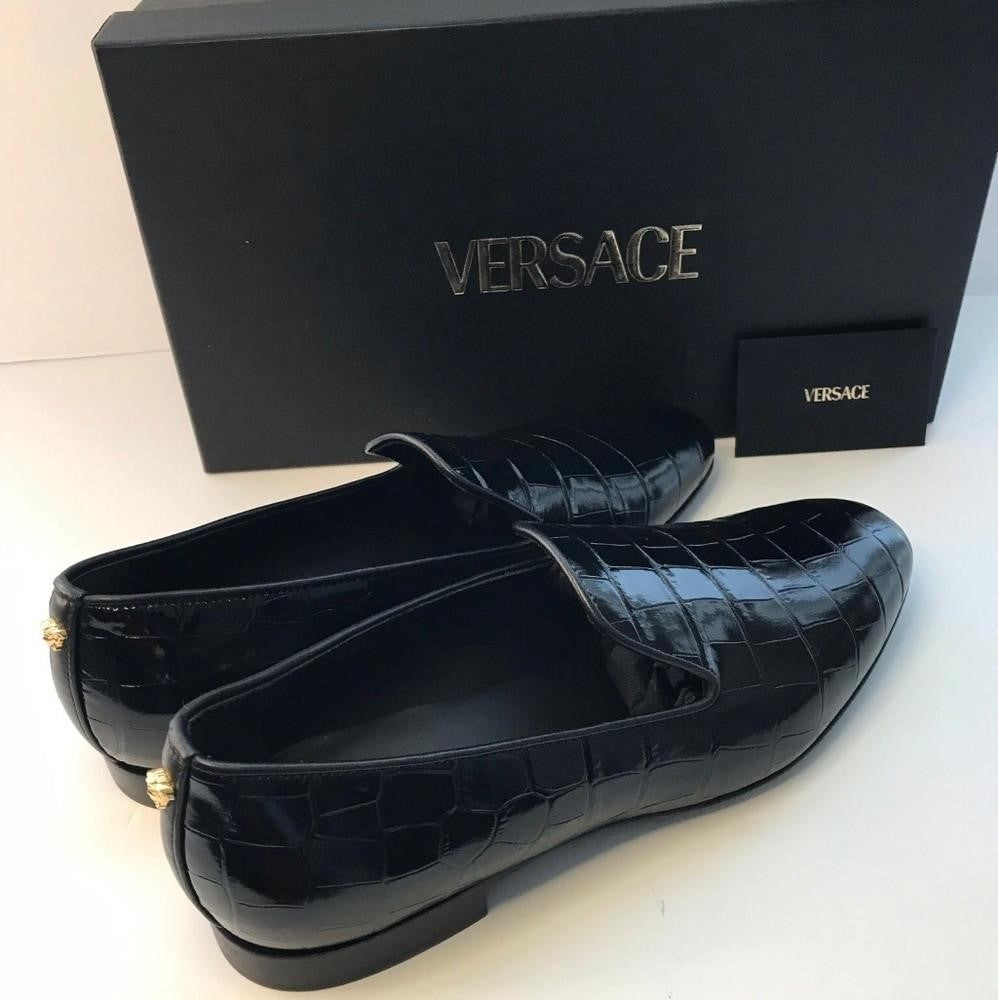 New Original Versace Men Croc Embossed Calfskin Smoking Slipper