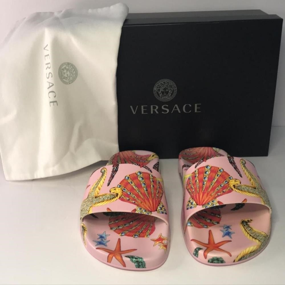 New 100% Versace Women's  ST Tresor De La Mer  Print Pool Slide Flip Flops Shoes