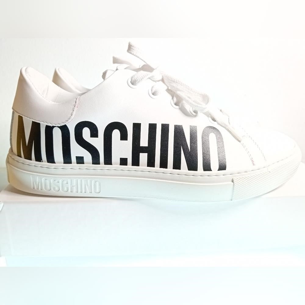 New Moschino Low-Top Logo Sneakers large contrast logo is printed