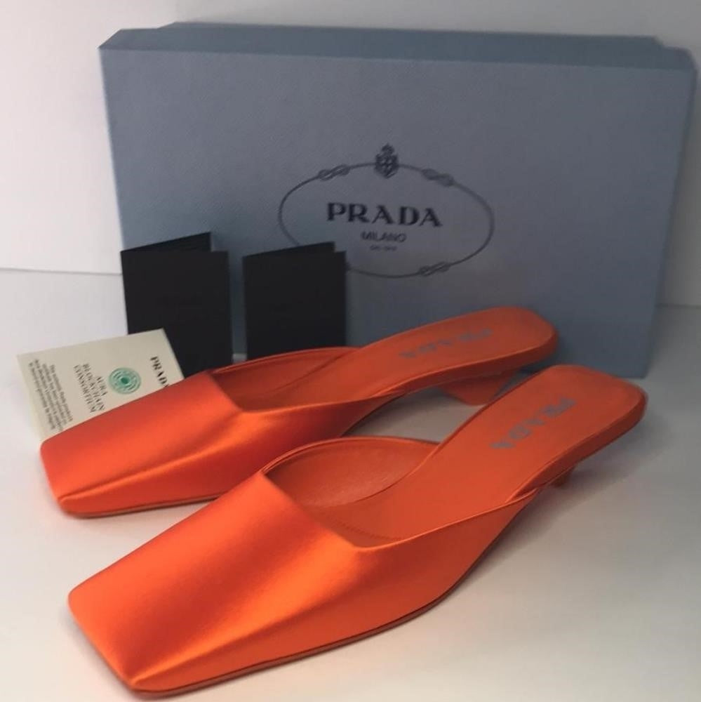 New 💯 Original PRADA Women's Satin Mules Orange Sandals