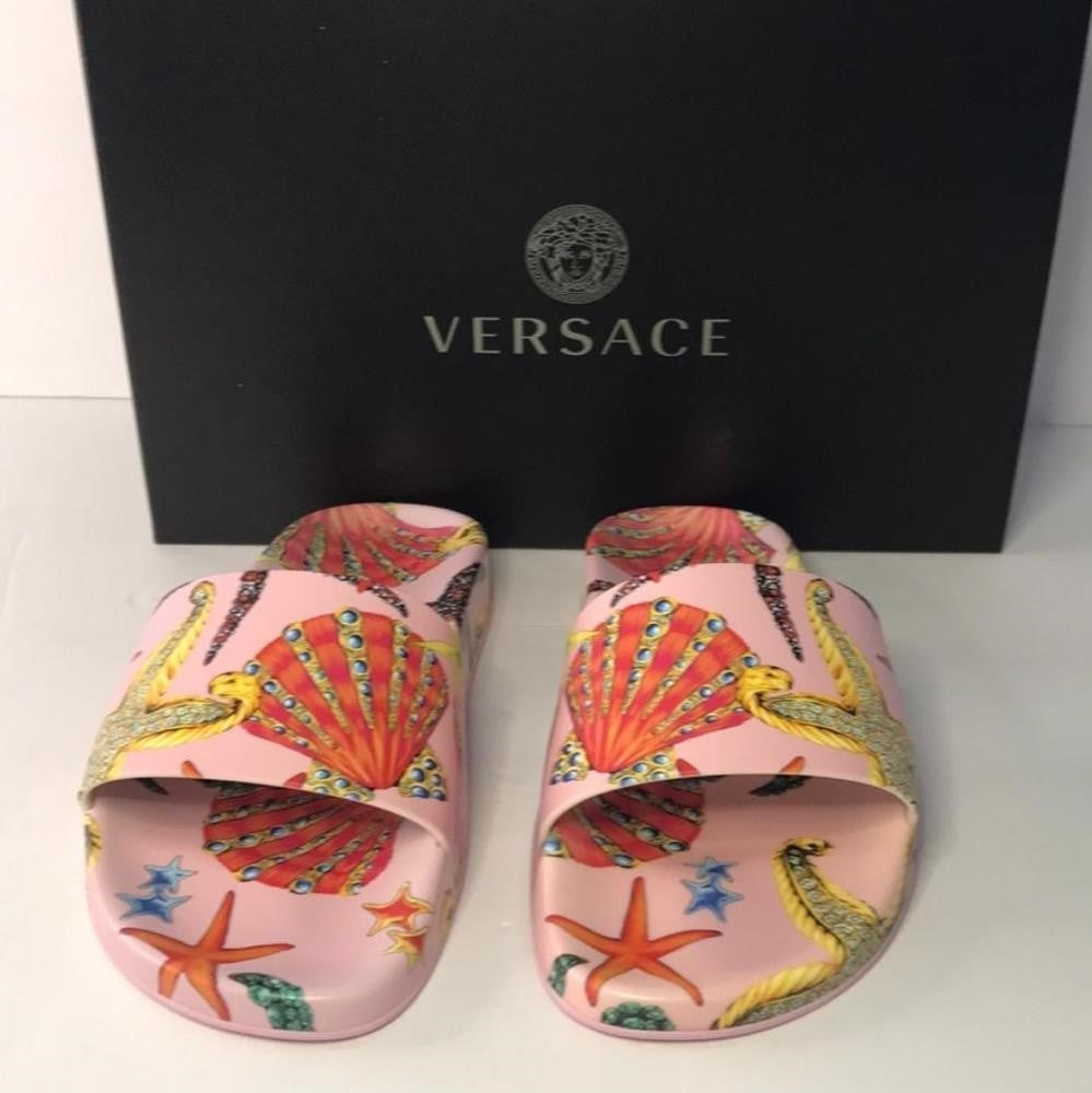 New 100% Versace Women's  ST Tresor De La Mer  Print Pool Slide Flip Flops Shoes