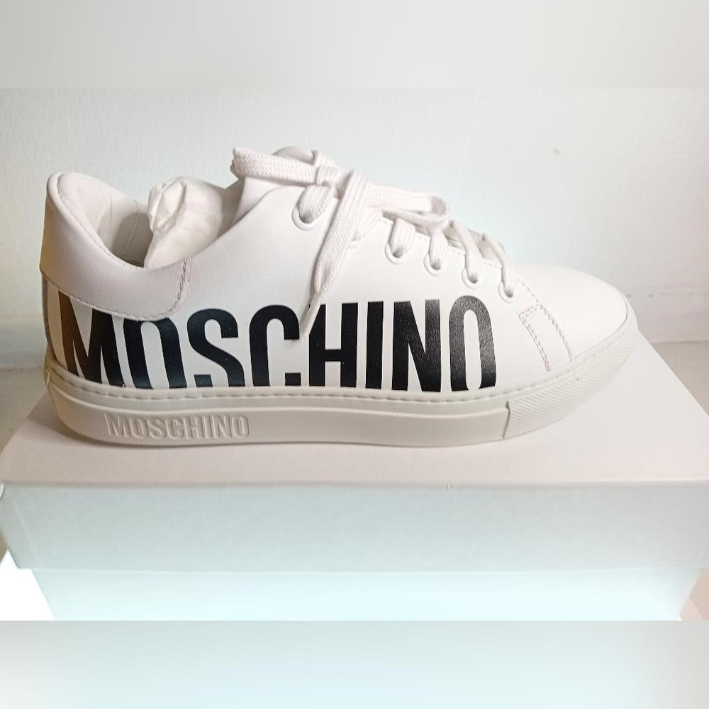 New Authentic Moschino Low-Top Logo Sneakers large contrast logo is printed