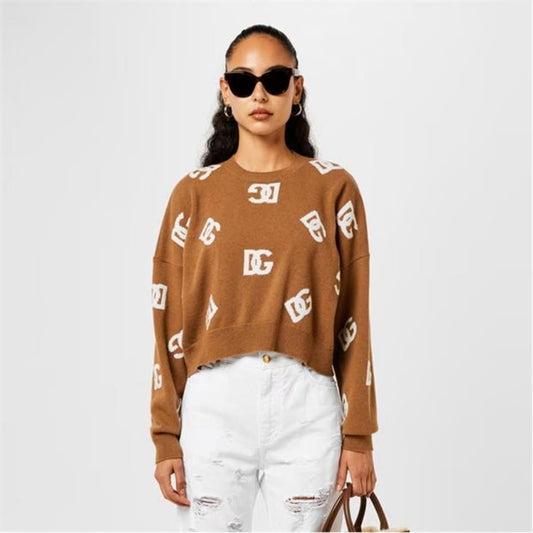 New 💯 Authentic Dolce & Gabbana Women's Brown Round-Neck Knitwear