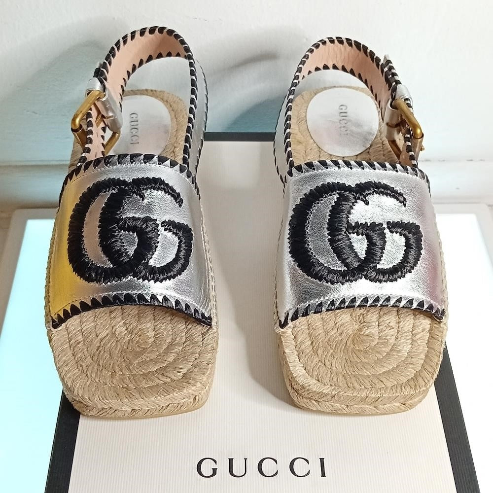 Nee GUCCI Pilar Embroidered Double G Logo Slingback Espadrille Sandal