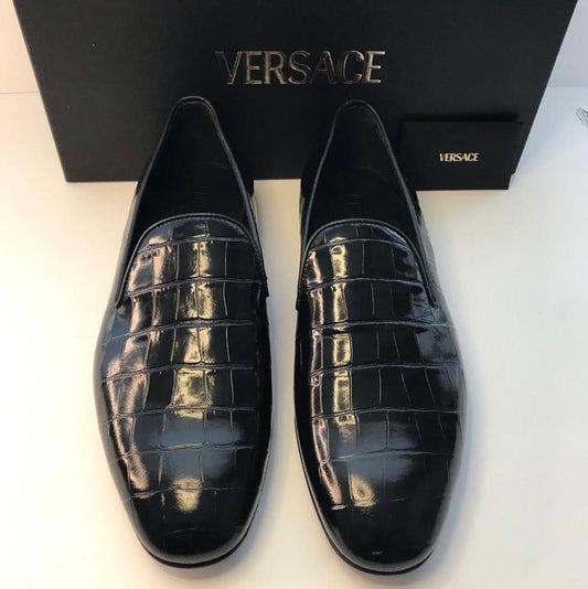 New Original Versace Men Croc Embossed Calfskin Smoking Slipper