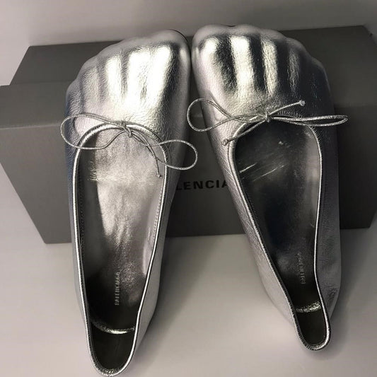 💯- New Authentic BALENCIAGA Anatomic Pump Metallic-Leather Ballet Flats Size 37.5 (7.5)