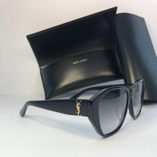 SAINT LAURENT YSL SLM8/F 001 Black Grey Gold Logo 57 mm Women's Sunglasses