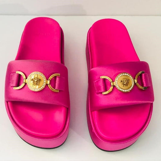 New- 💯Original VERSACE Pink Medusa Biggie Platform Sandals Silk satin sandals