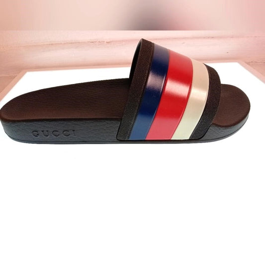 New Gucci 💯Authentic  WEB RUBBER Slides IN BLACK Blue / Red & White Sandals