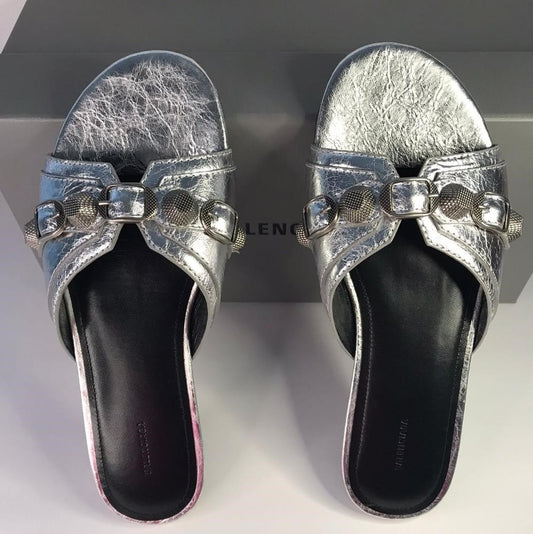 New Authentic BALENCIAGA Cagole embellished metallic textured-leather sandals