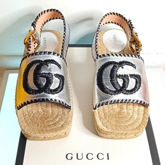 GUCCI Pilar Embroidered Double G Logo Slingback Espadrille Sandal (Women)