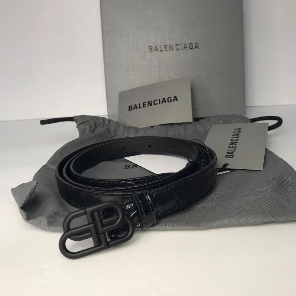 New Authentic Balenciaga BB Logo Buckle Croc Embossed Leather Skinny Belt