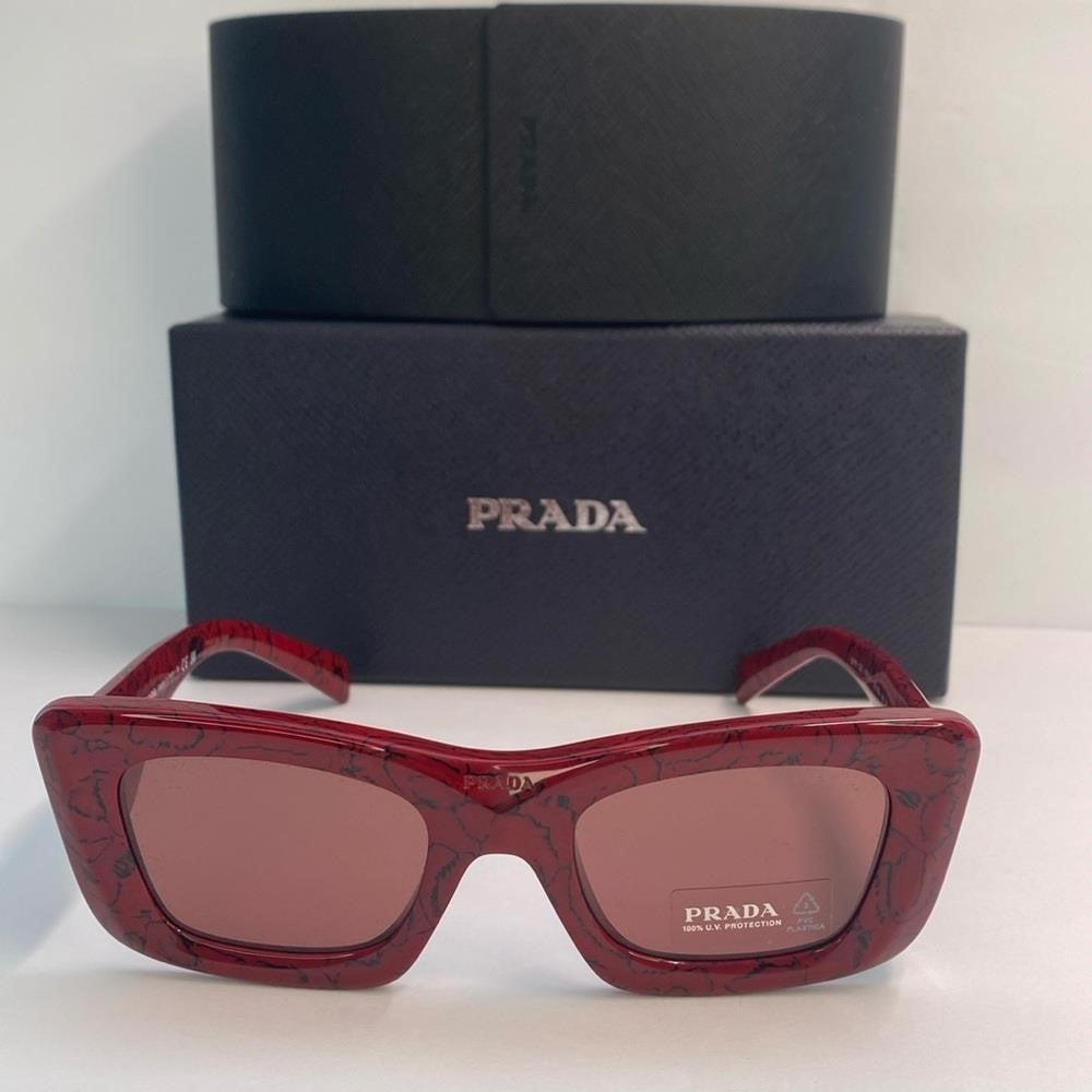 New Authentic PRADA  Acetate Symbole Sunglasses SPR 13Z Red Marble