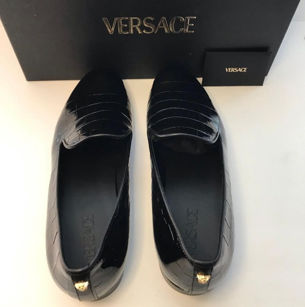 New Original Versace Men Croc Embossed Calfskin Smoking Slipper