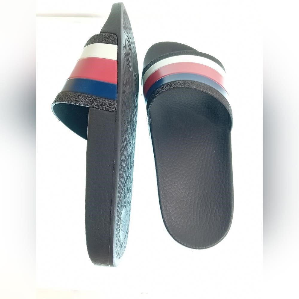 New Gucci 💯Authentic  WEB RUBBER Slides IN BLACK Blue / Red & White Sandals