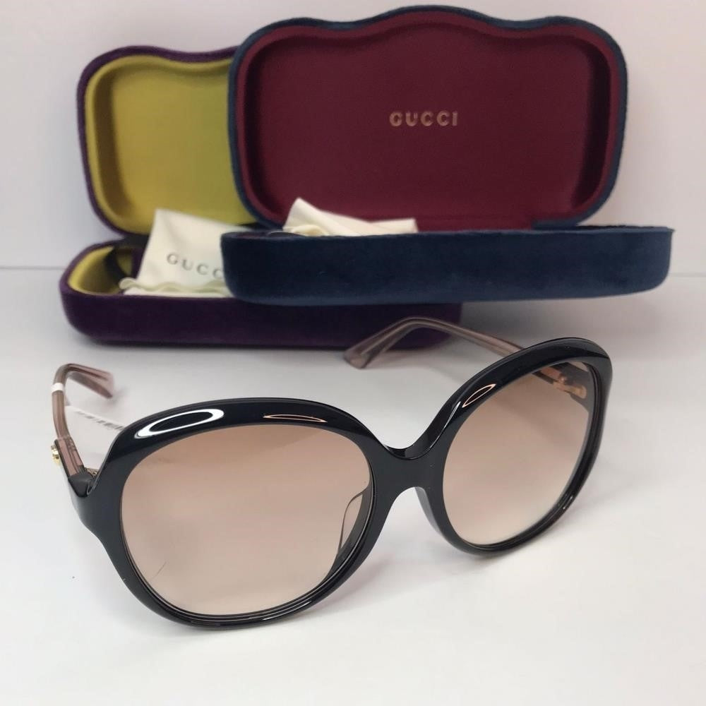 💯 Auth GUCCI Square Sunglasses GG0489SA 003 Black Gold Interlocking GG Pink