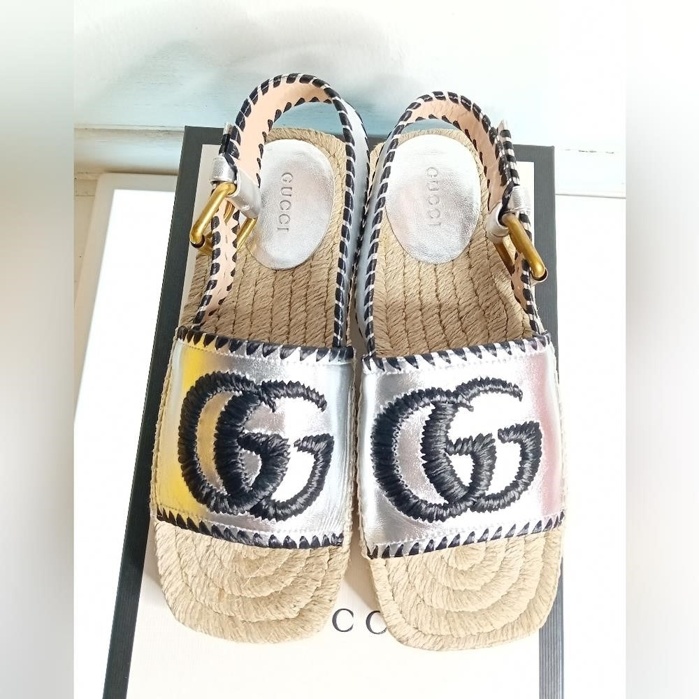 Nee GUCCI Pilar Embroidered Double G Logo Slingback Espadrille Sandal