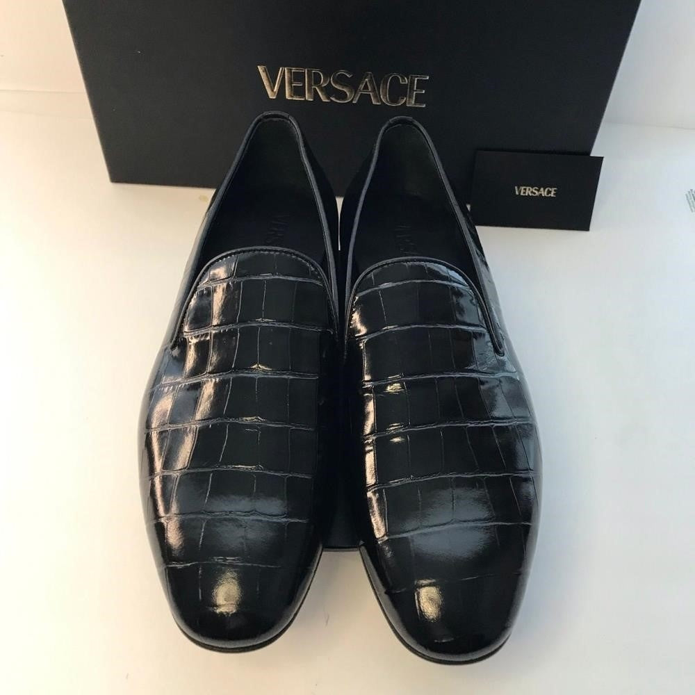 New Original Versace Men Croc Embossed Calfskin Smoking Slipper