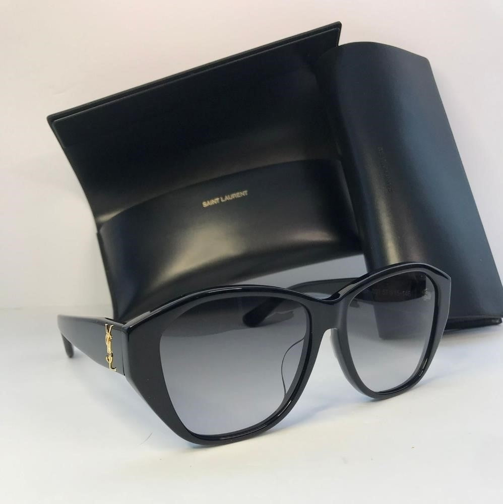 SAINT LAURENT YSL SLM8/F 001 Black Grey Gold Logo 57 mm Women's Sunglasses