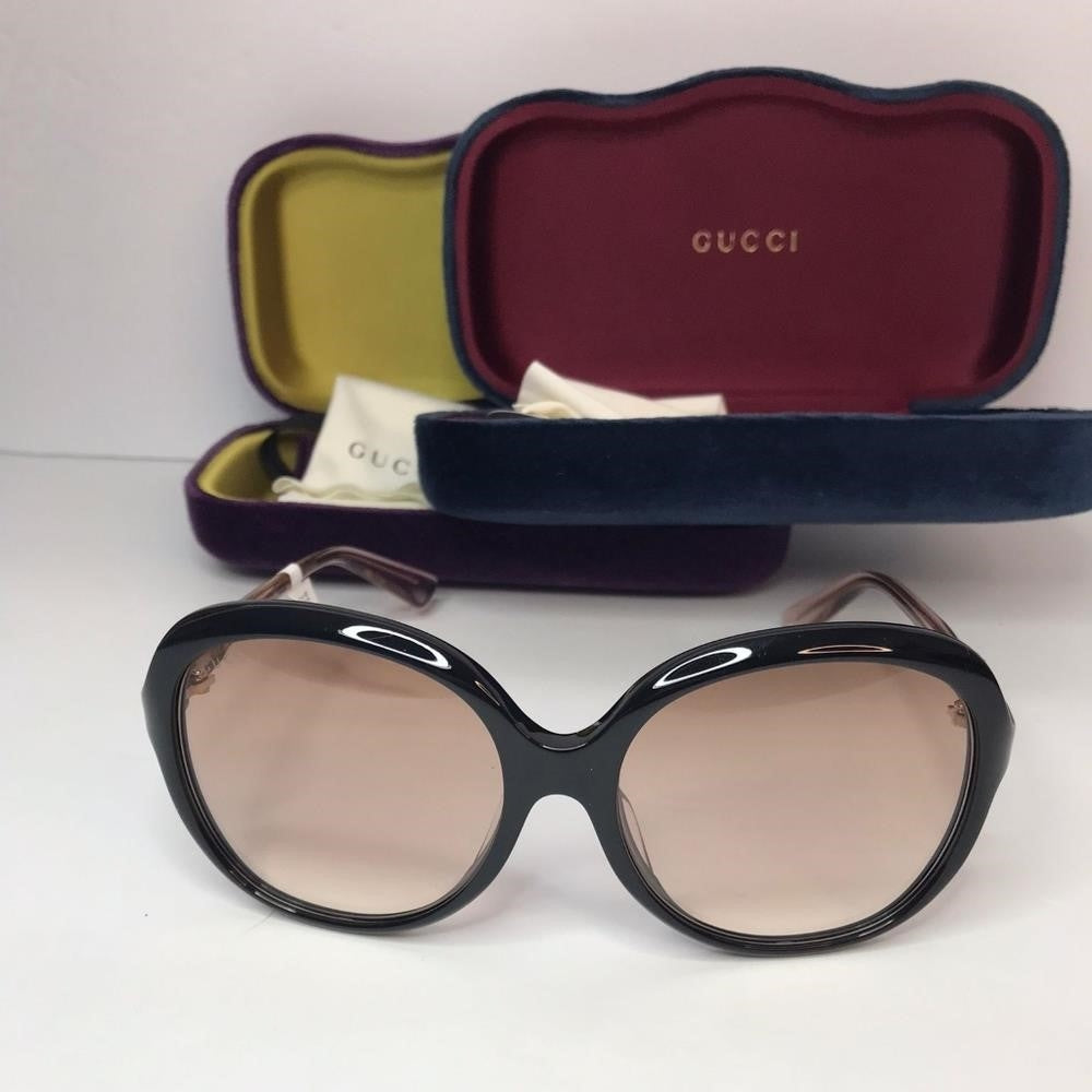 💯 Auth GUCCI Square Sunglasses GG0489SA 003 Black Gold Interlocking GG Pink