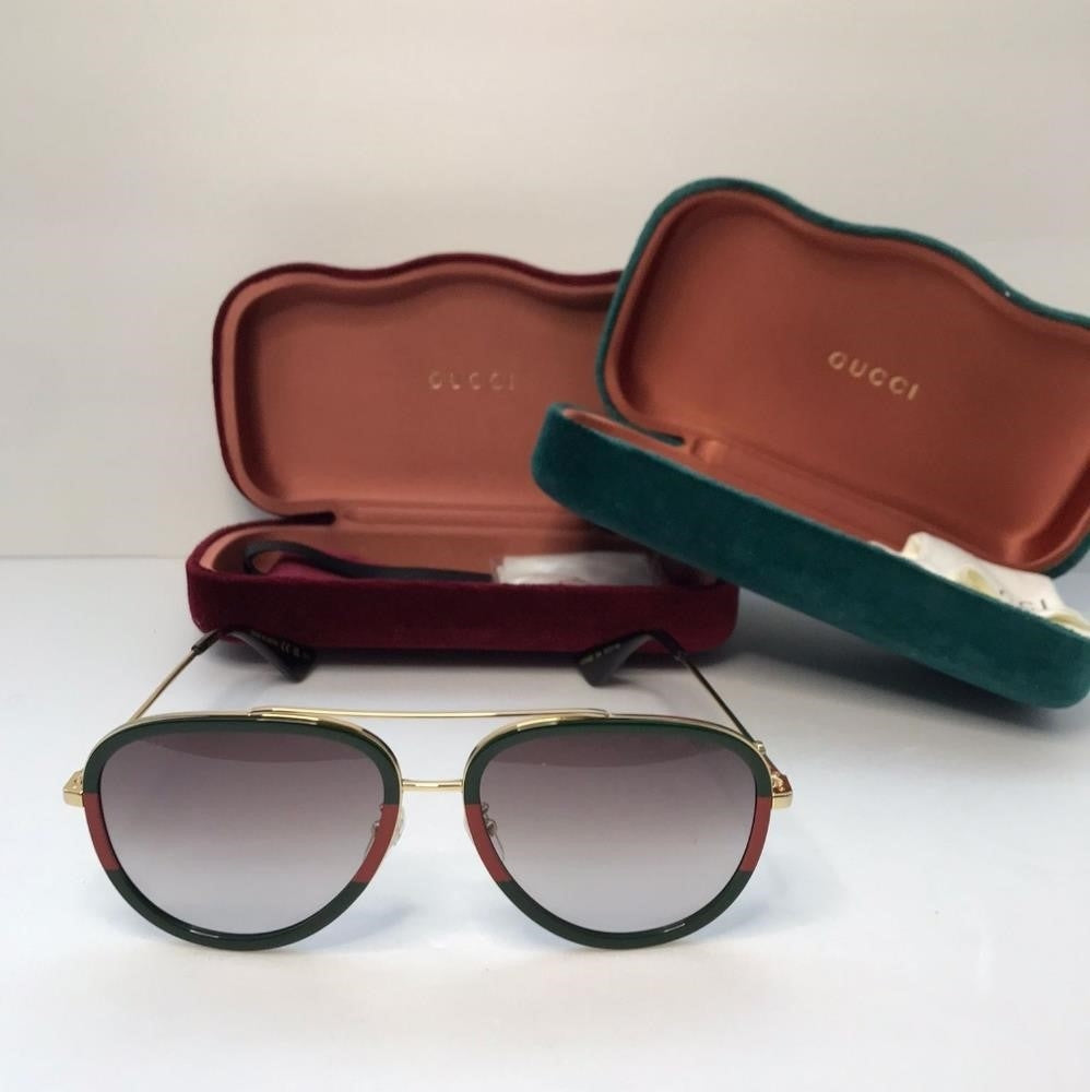 New Gucci Sunglasses Green/Red Grey Gradient Pilot Unisex GG0062S 003 57