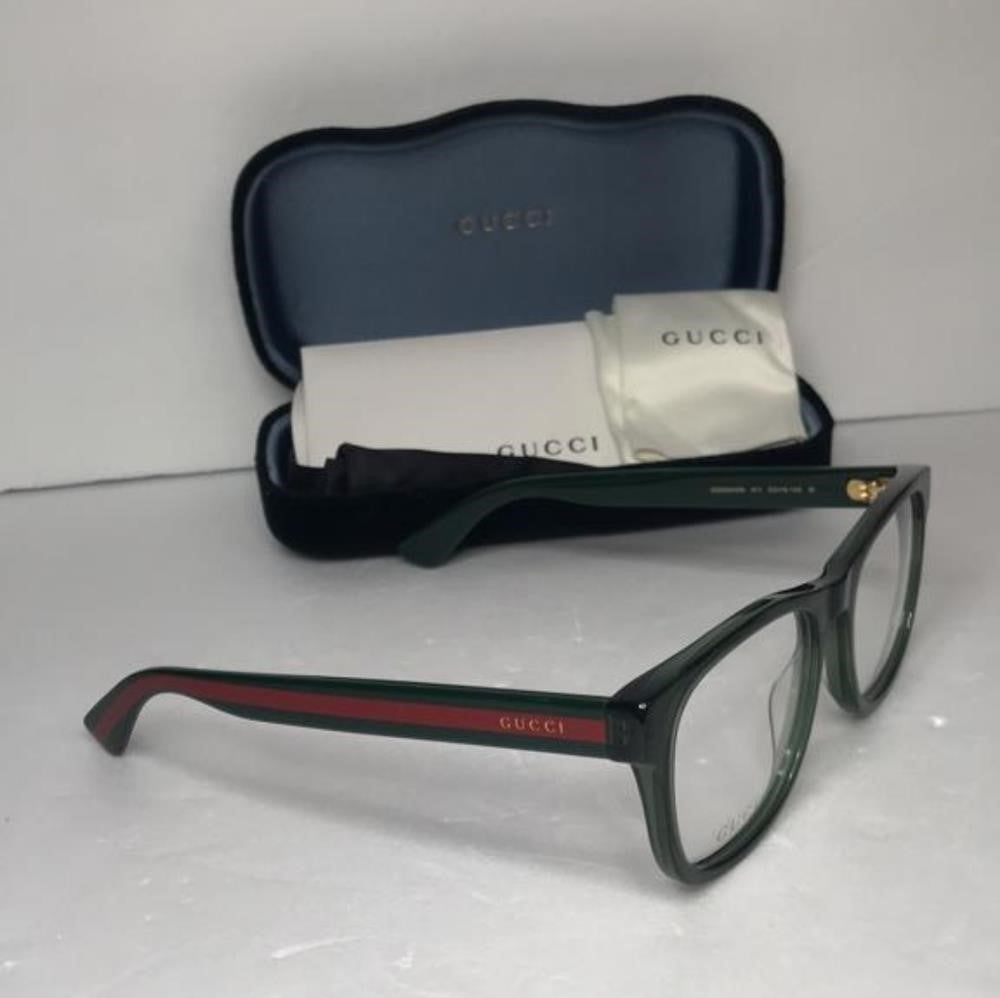 New - 💯 Original Gucci GG0004ON 011 Green with Red Stripe Square Men`s Eyeglas