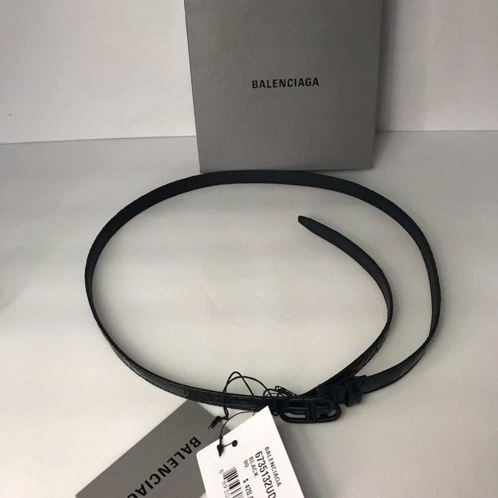 New Authentic Balenciaga BB Logo Buckle Croc Embossed Leather Skinny Belt