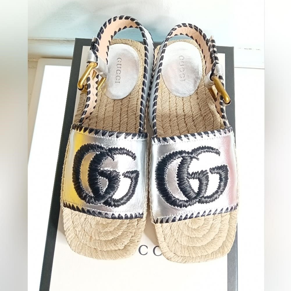 GUCCI Pilar Embroidered Double G Logo Slingback Espadrille Sandal (Women)