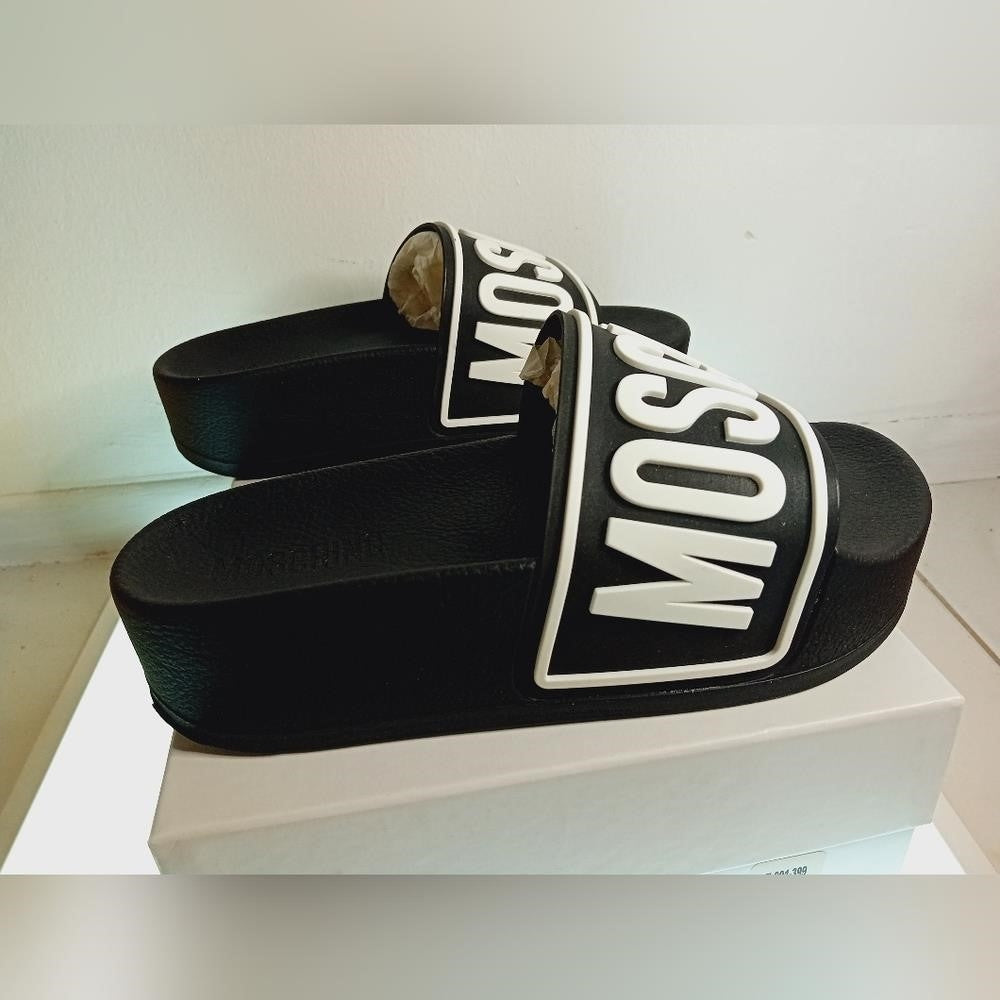 New  Moschino Logo Platform SlideSandals Black Woman’s