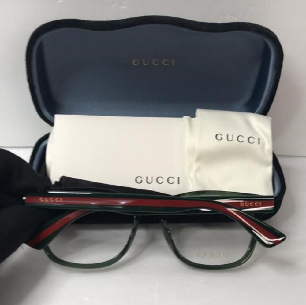 New- 💯 Original Gucci GG0004ON 011 Green with Red Stripe Square Men`s Eyeglas