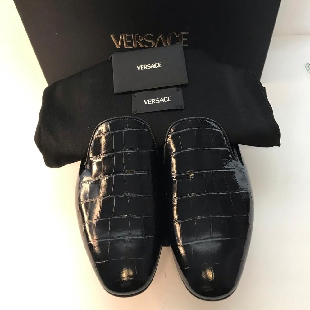 New Original Versace Men Croc Embossed Calfskin Smoking Slipper