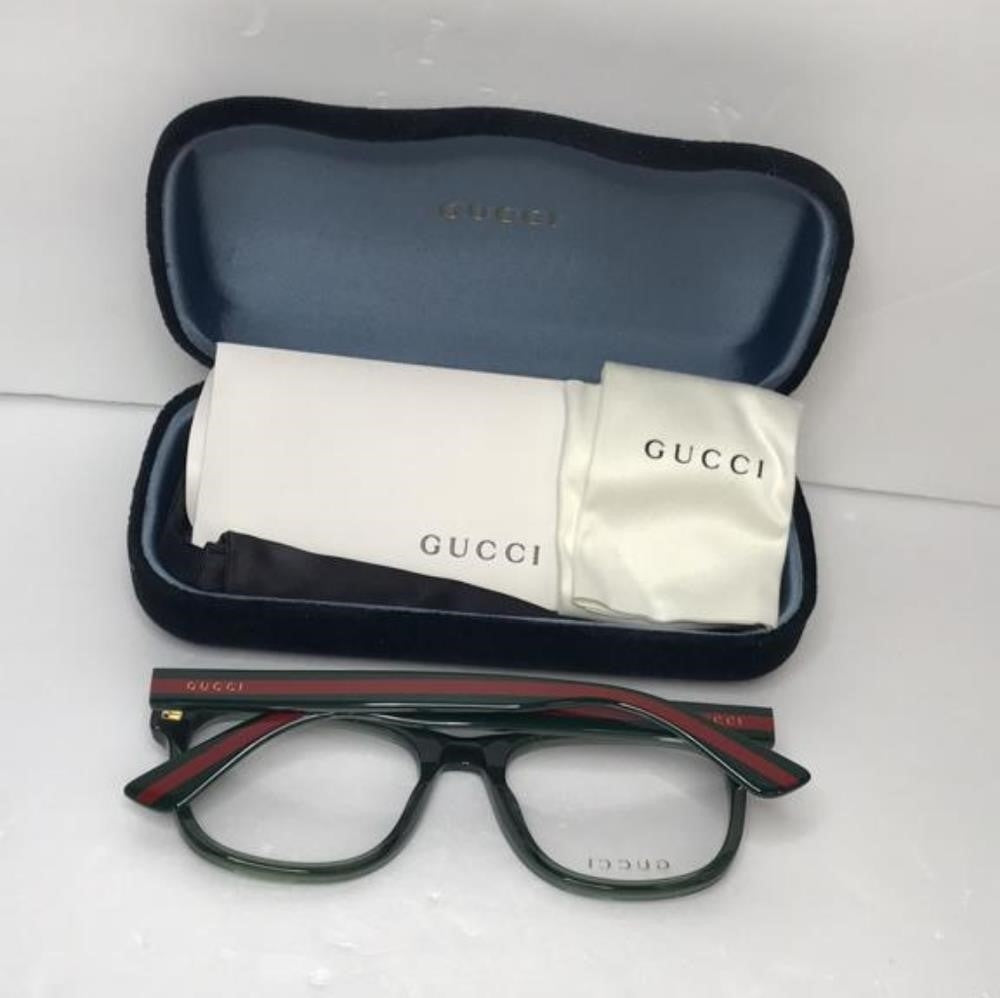 New - 💯 Original Gucci GG0004ON 011 Green with Red Stripe Square Men`s Eyeglas