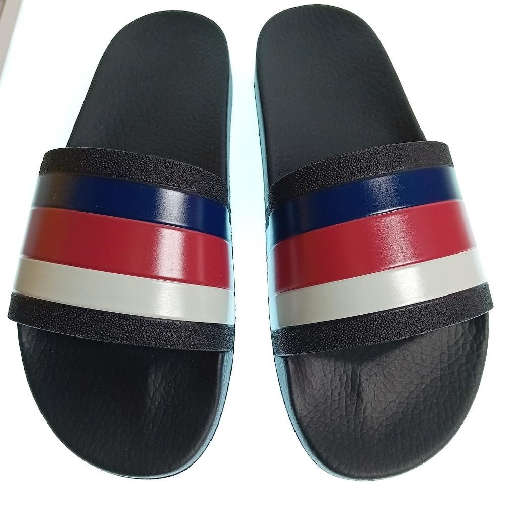 New Gucci 💯Authentic  WEB RUBBER Slides IN BLACK Blue / Red & White Sandals