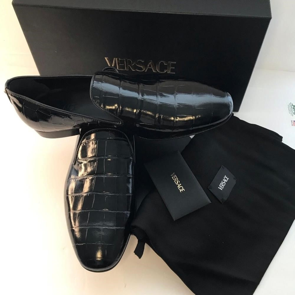 New Original Versace Men Croc Embossed Calfskin Smoking Slipper