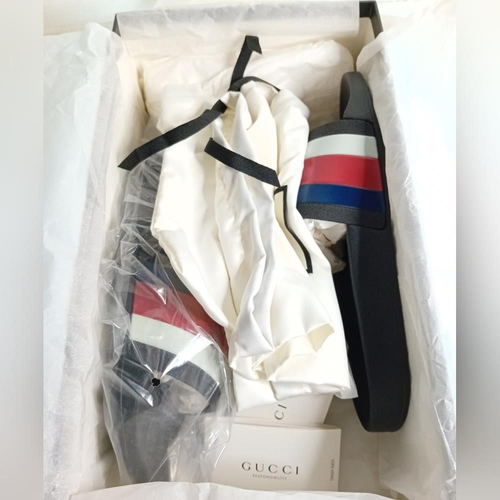 New Gucci 💯Authentic  WEB RUBBER Slides IN BLACK Blue / Red & White Sandals