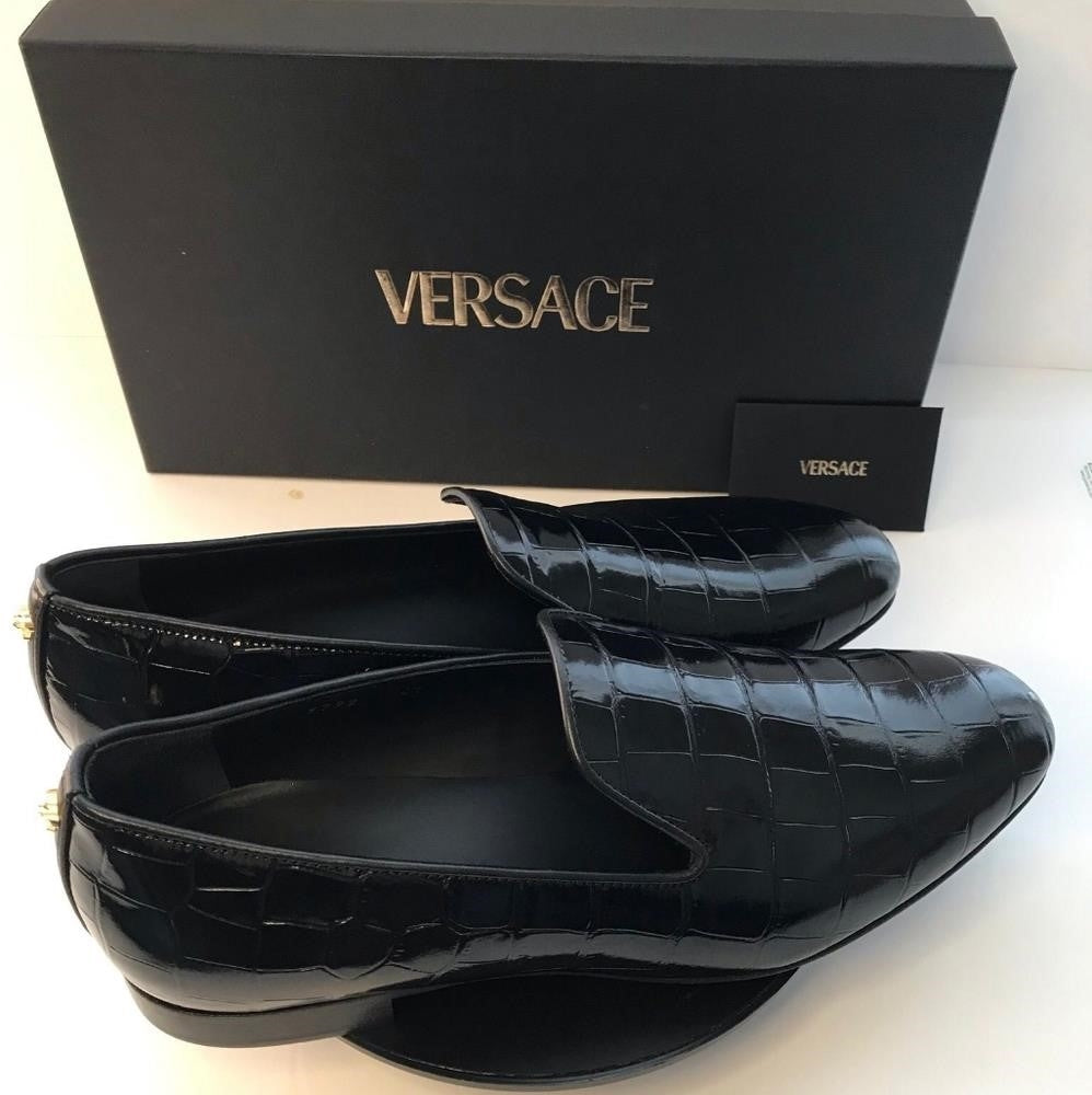 New Original Versace Men Croc Embossed Calfskin Smoking Slipper