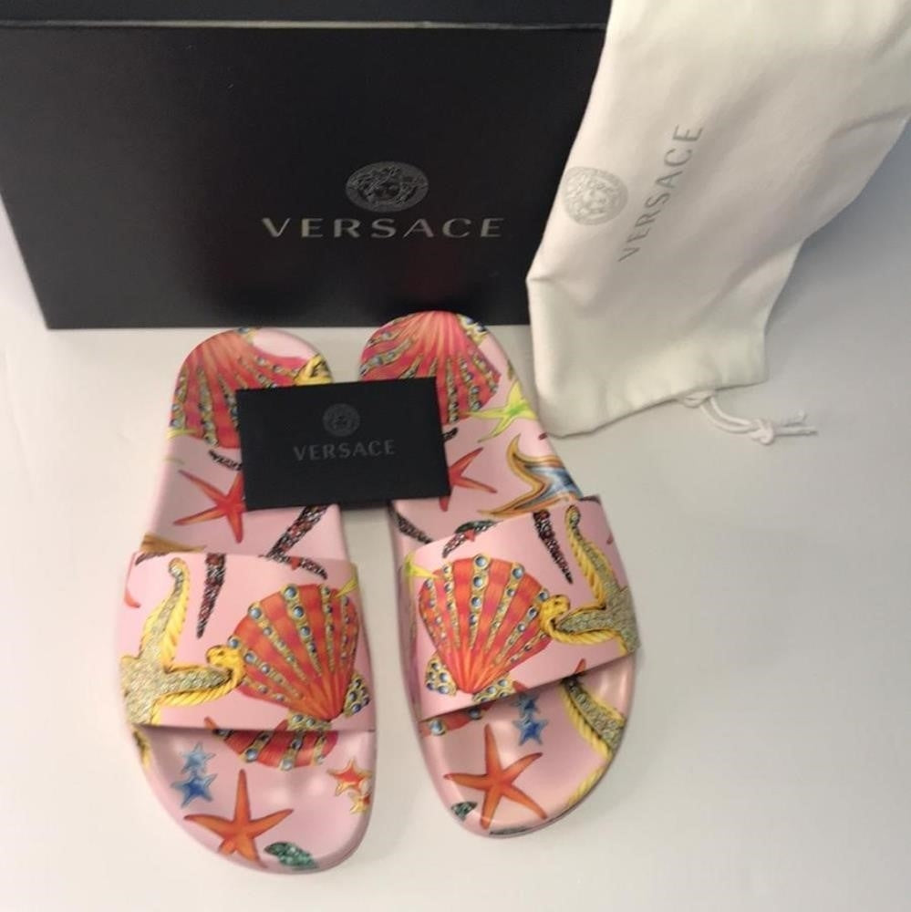 New 100% Versace Women's  ST Tresor De La Mer  Print Pool Slide Flip Flops Shoes