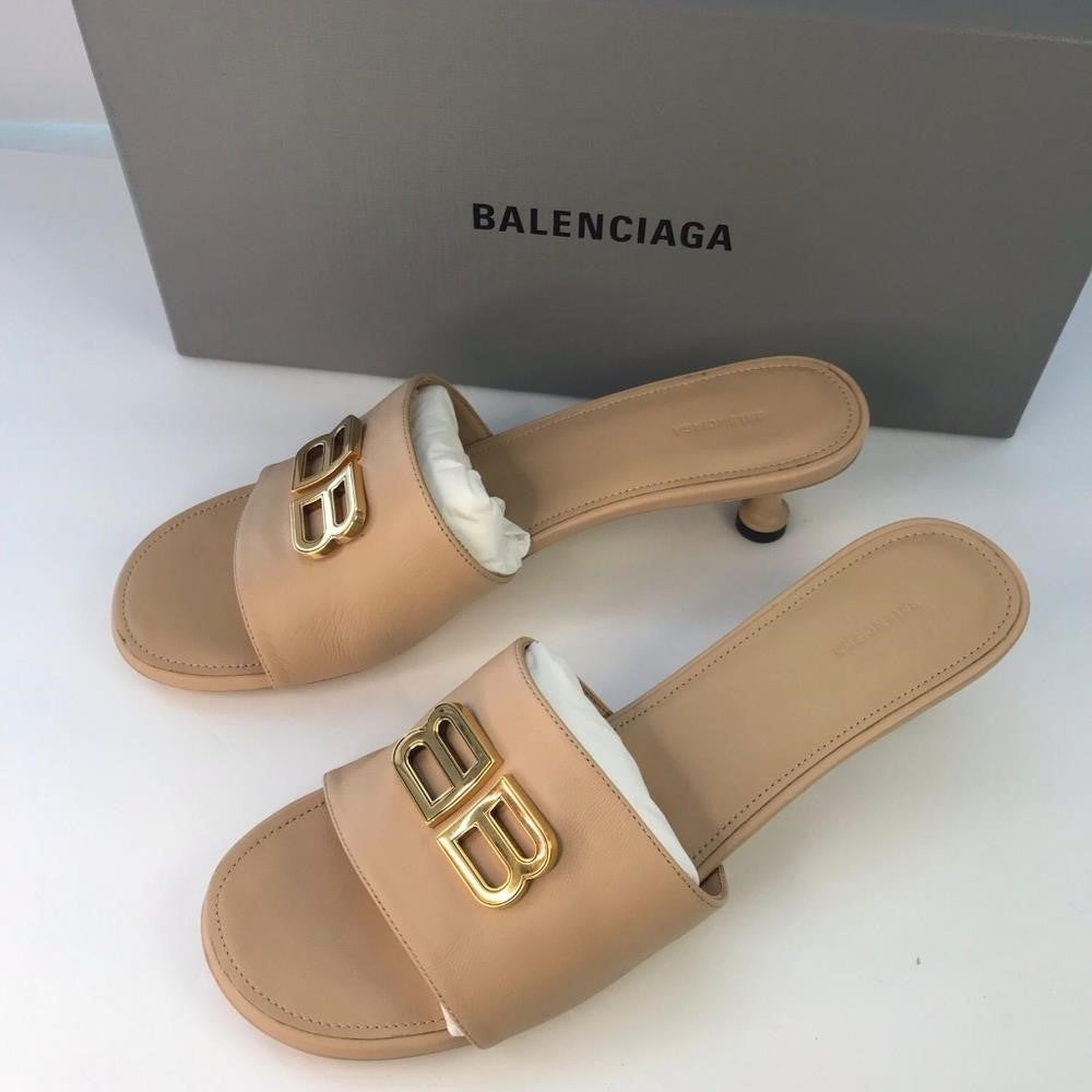 New Authentic BalenciagaBb Logo Plaque Heeled Mules