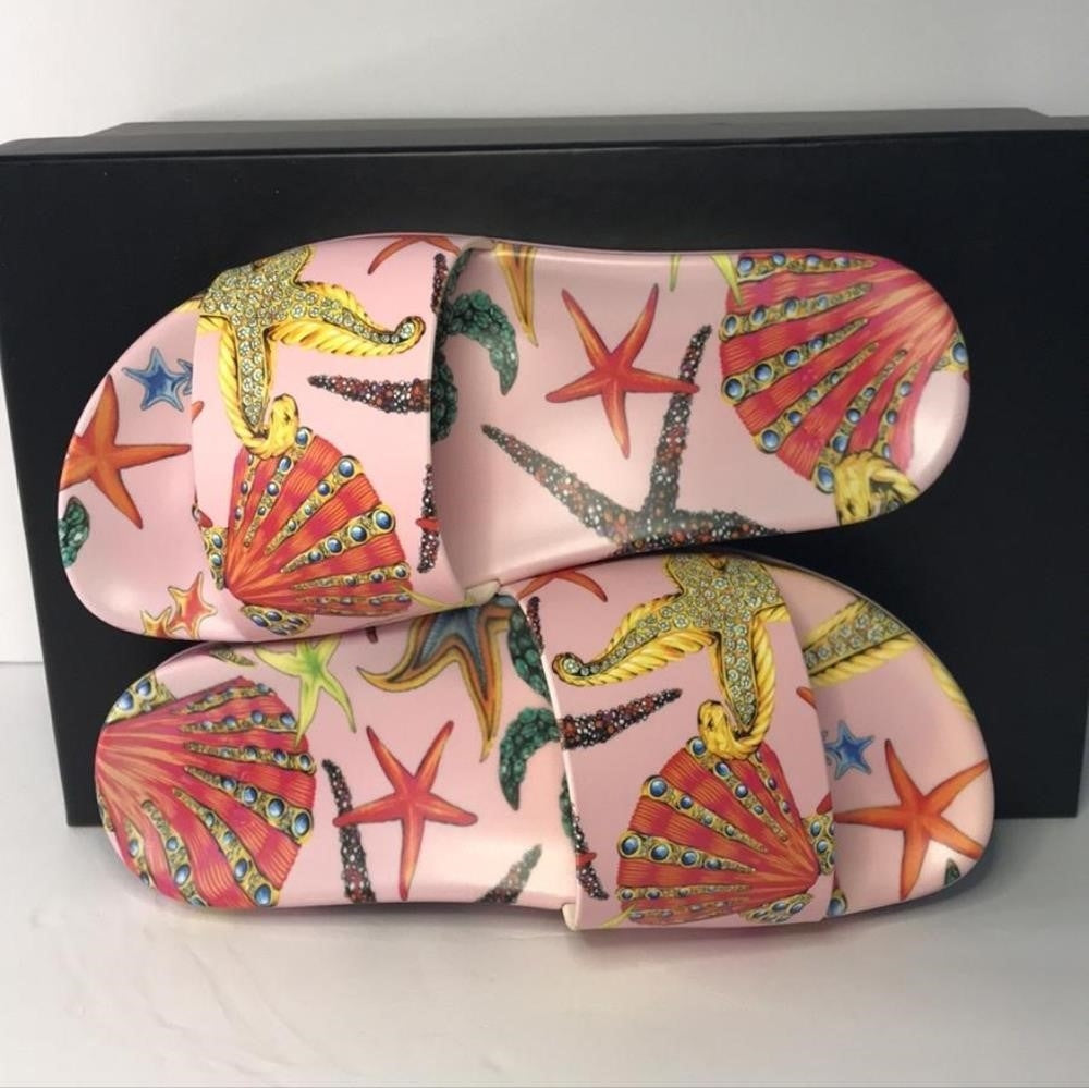 New 100% Versace Women's  ST Tresor De La Mer  Print Pool Slide Flip Flops Shoes