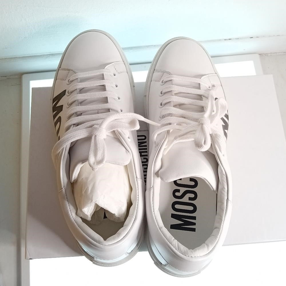 New Moschino Low-Top Logo Sneakers large contrast logo is printed